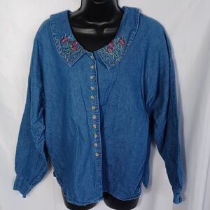 At Last Vintage Denim Longsleeve Button Down Top, Embroidered collar, M